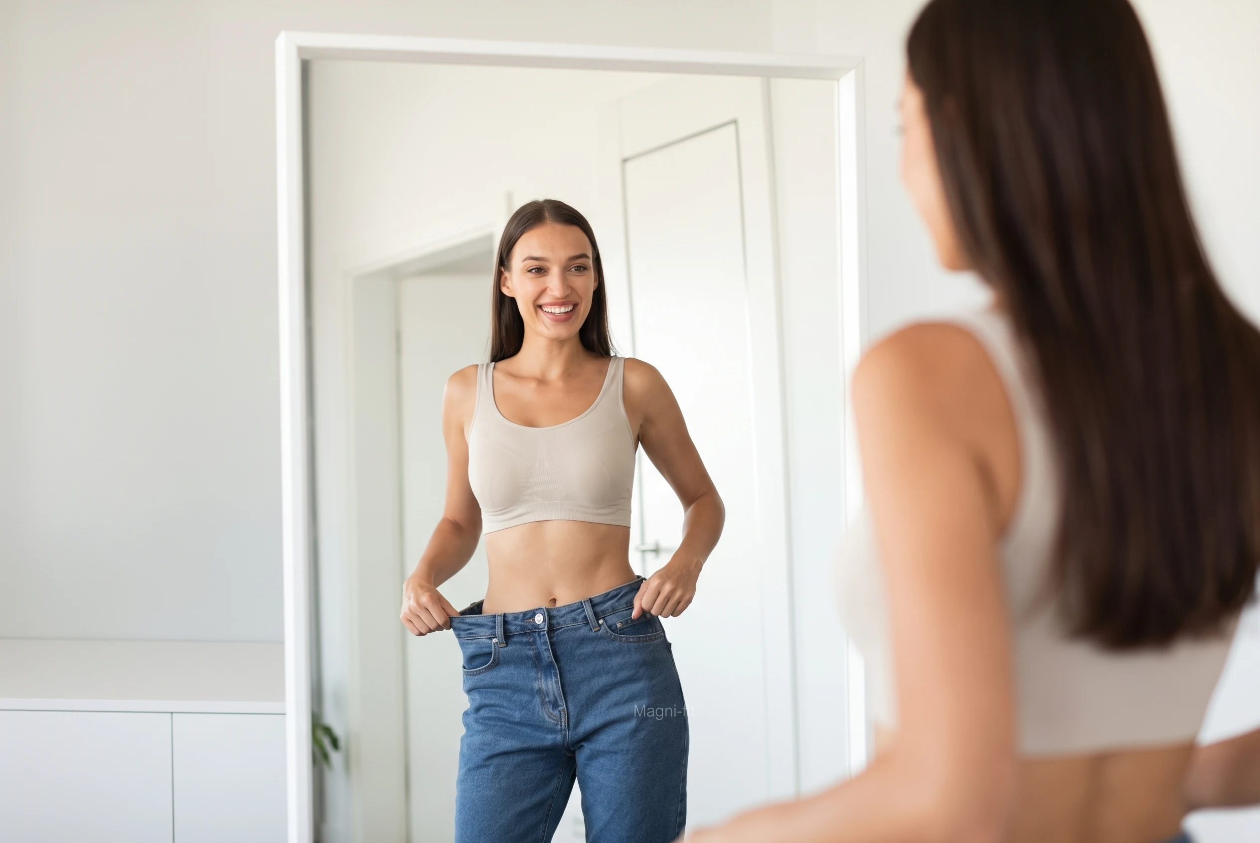 Imagem ilustrativa de uma mulher diante do espelho segurando uma calça jeans folgada